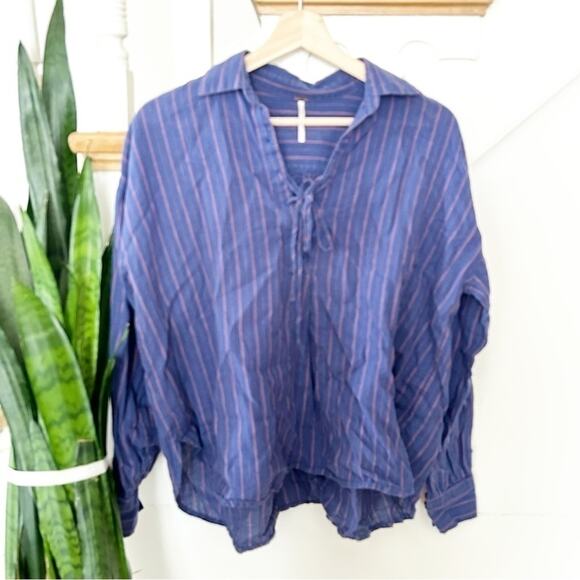 Free People Blue Striped Long Sleeve Lace-Up Linen Cotton Blend Popover Size XS - Picture 1 of 6